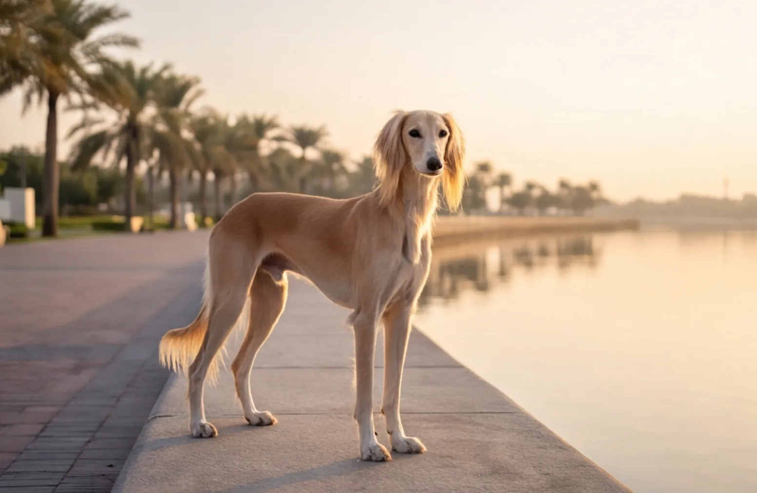 Saluki standing on a calm waterfront path at dawn.