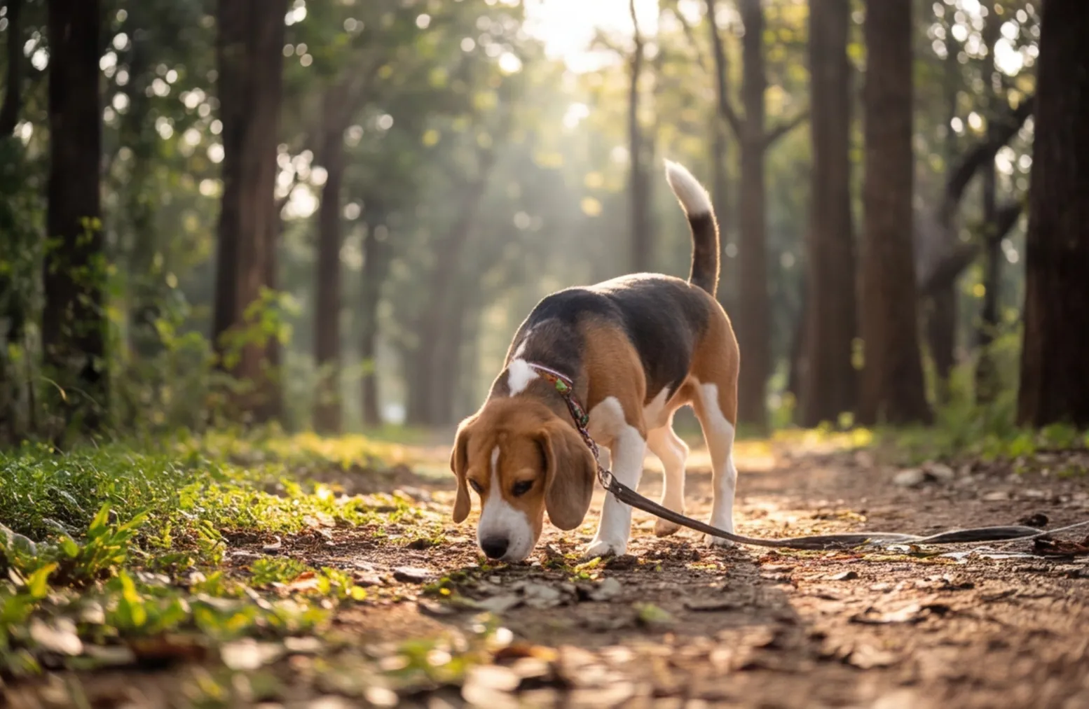 Beagle sniffing along a leafy park path at dawn.