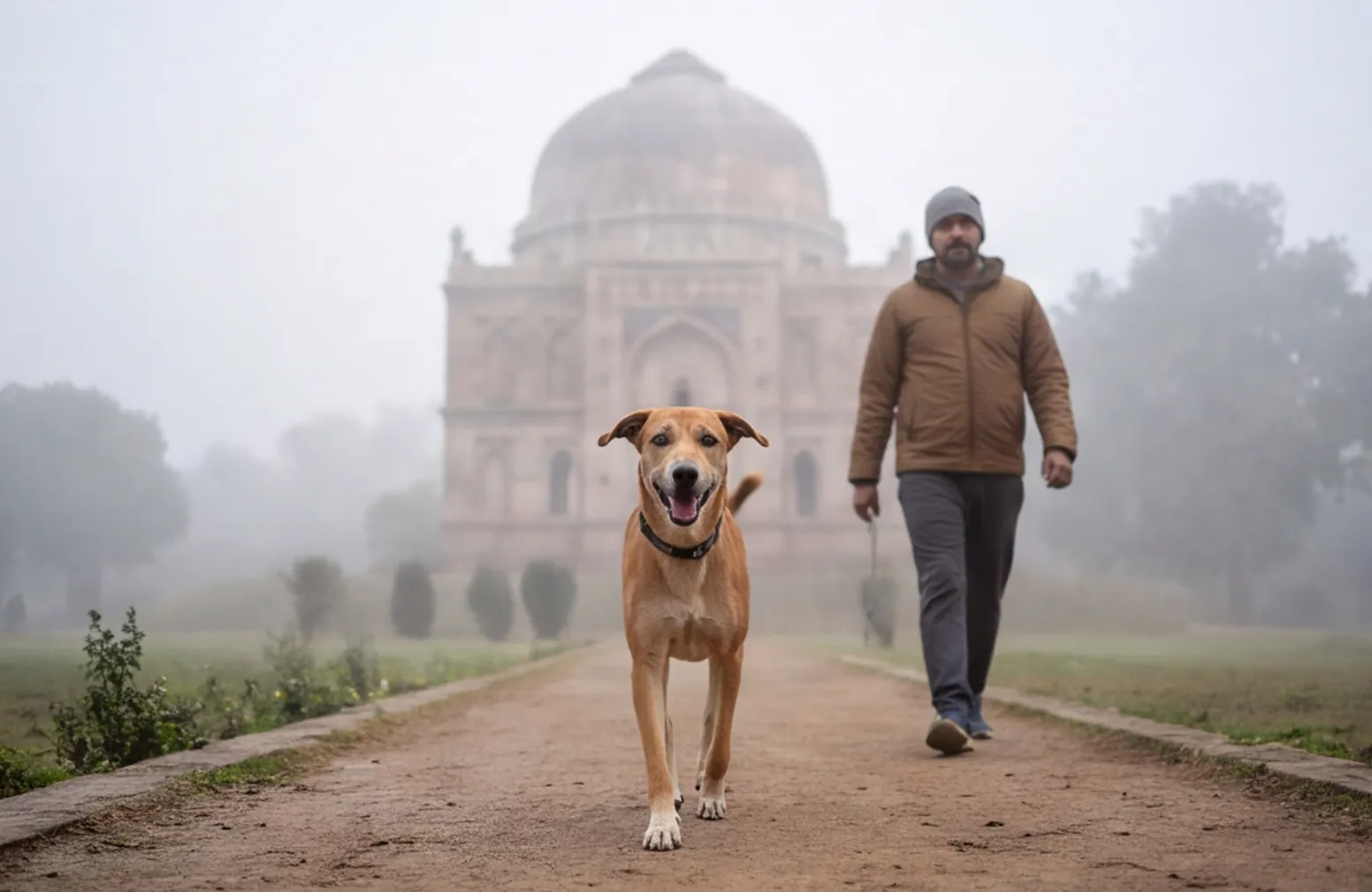 Indie dog walking through a garden on a foggy winter morning, an old tomb behind.