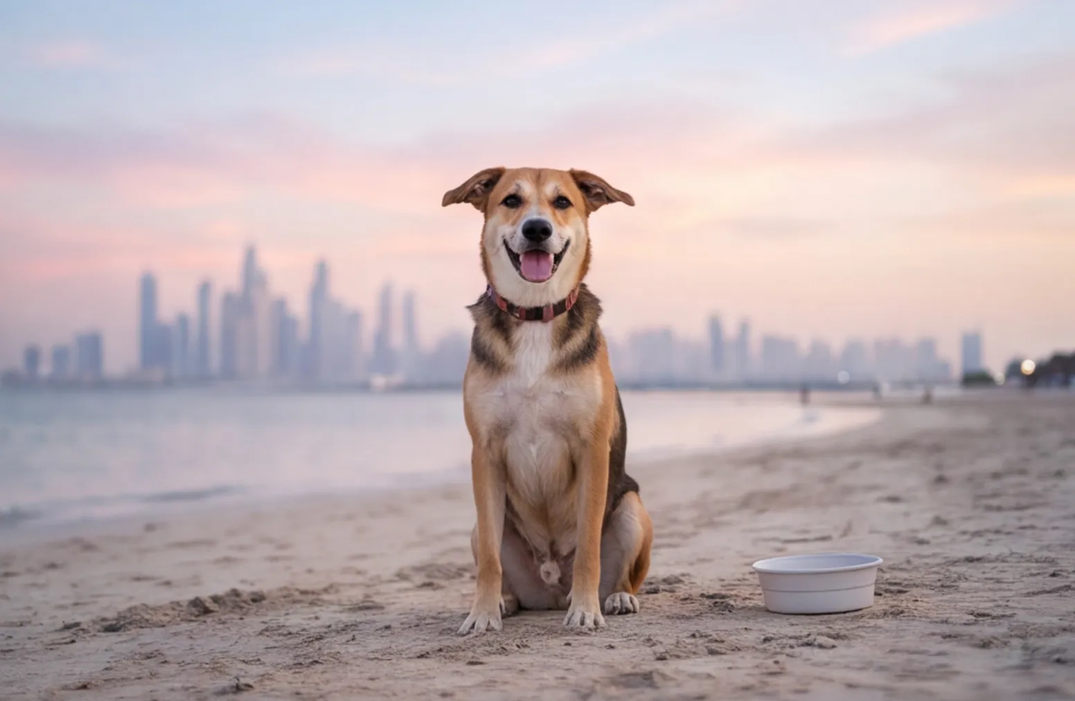 Dog sitting on a quiet beach at dusk with a water bowl beside it.