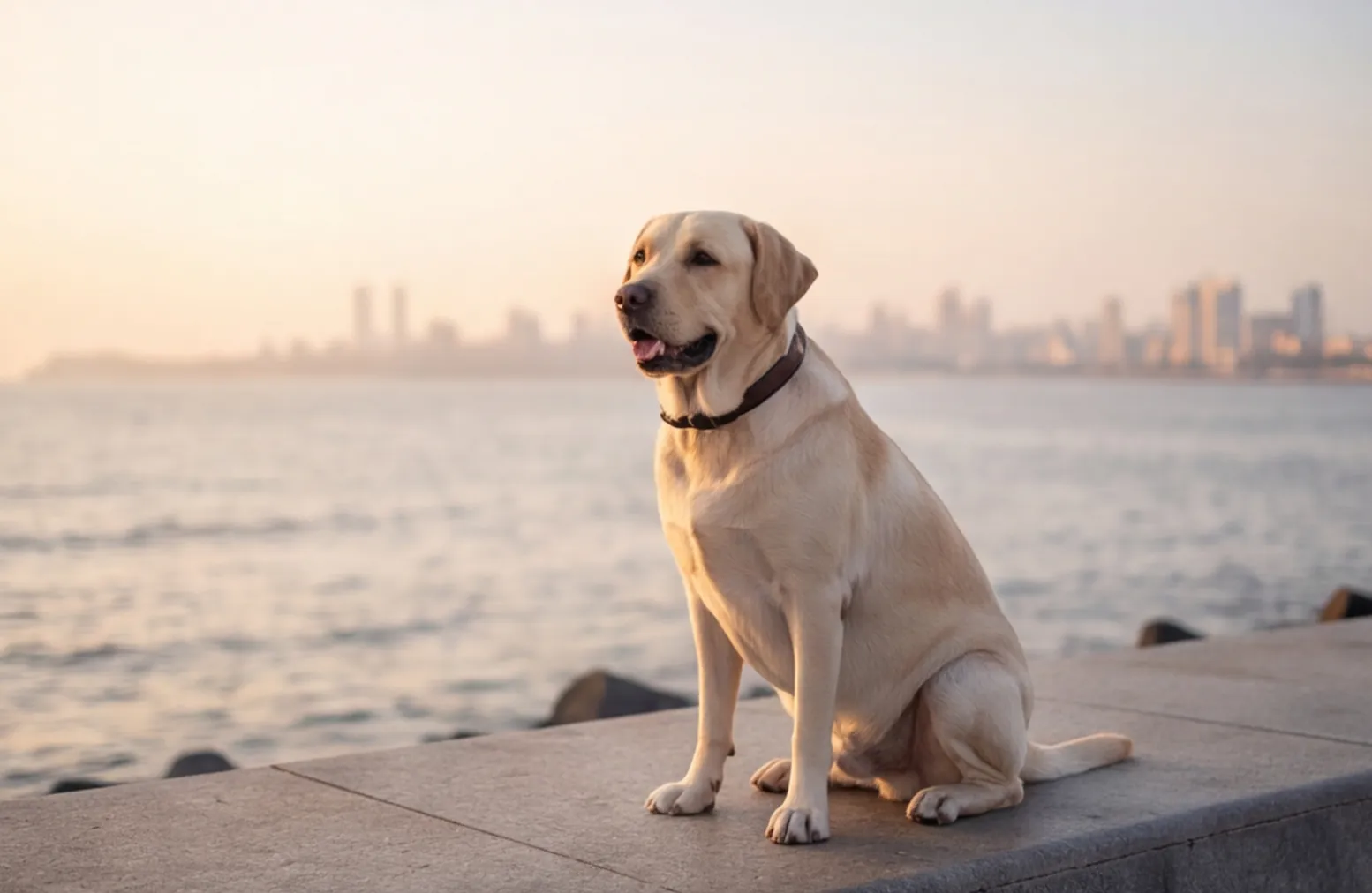 Labrador sitting on a seafront promenade at sunrise.
