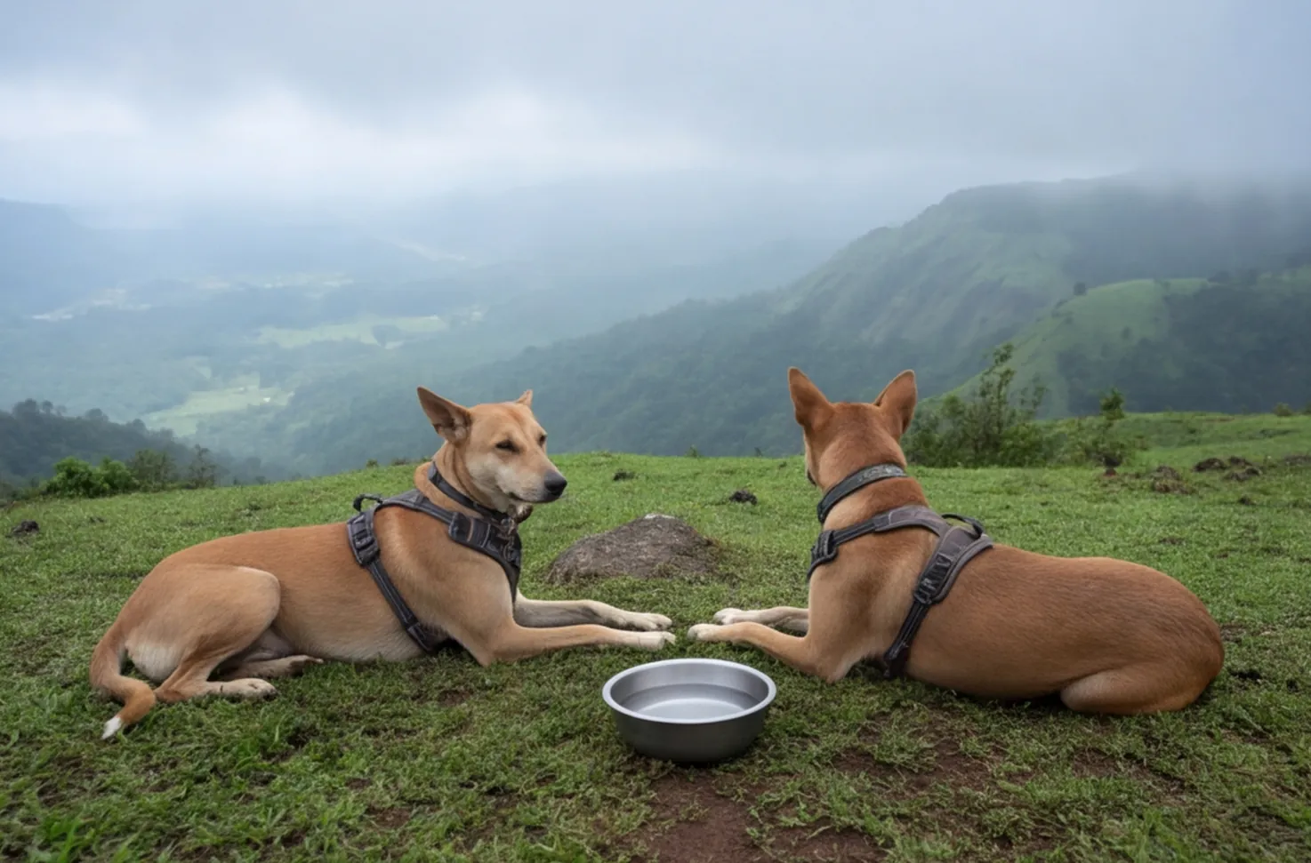 Two dogs in harnesses resting on a green hillside above a misty valley.