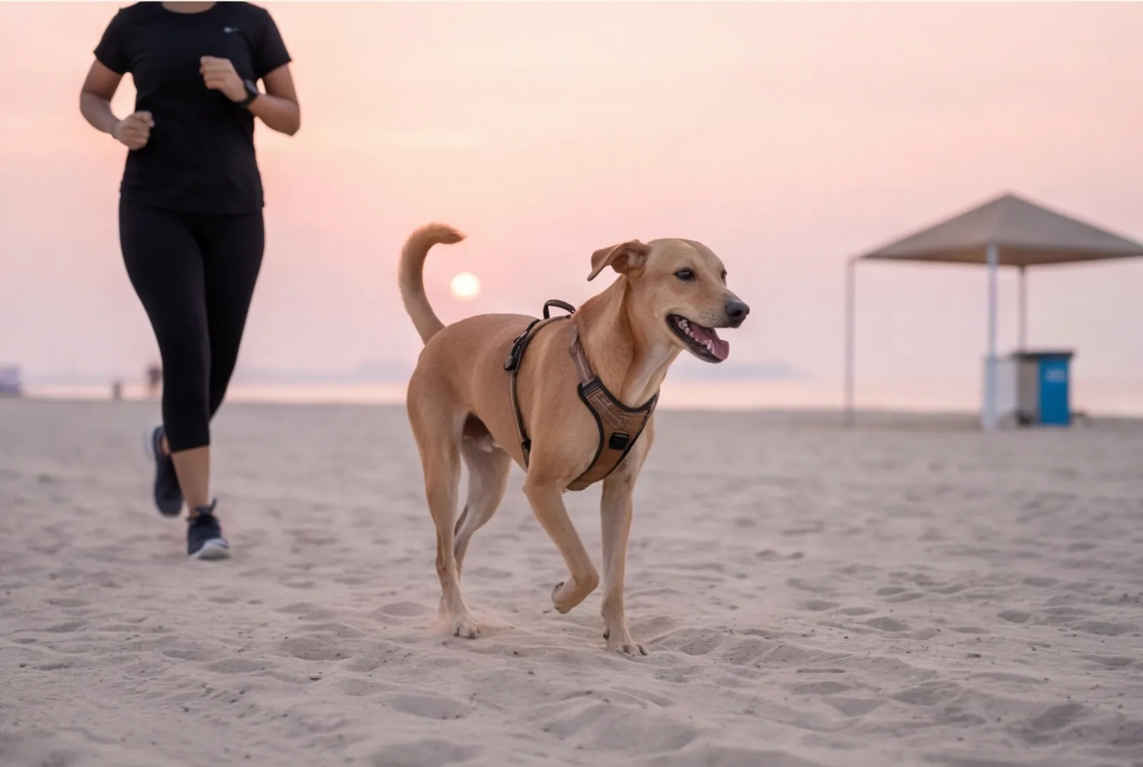Dog: first beach-track 3k, medal tag at Kite Beach.