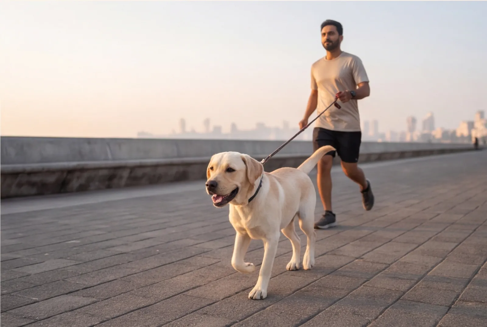 Dog: sets the pace for the owner at Marine Drive promenade.