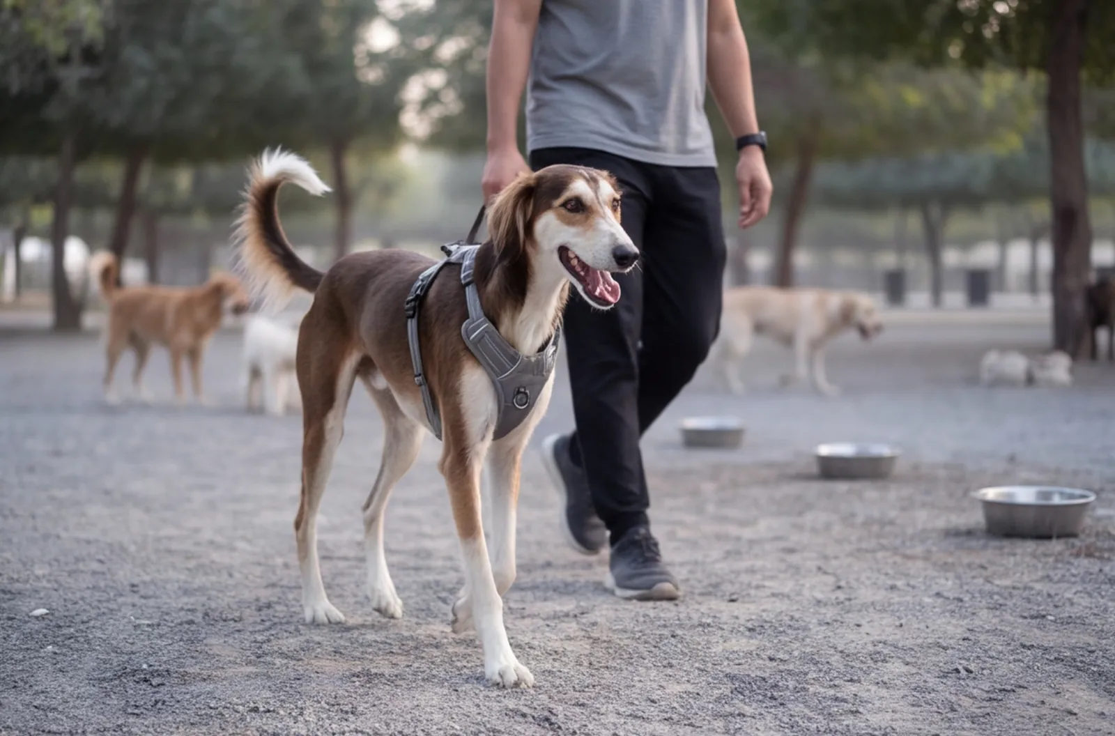 Dog: adoptable dogs run beside adopters at Al Masar Dog Park.