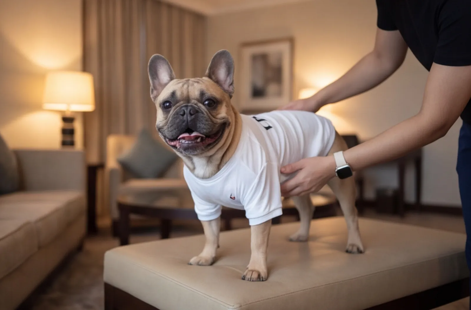 Dog: fitted in a clubs jersey, then a portrait at Partner hotel (indoor).