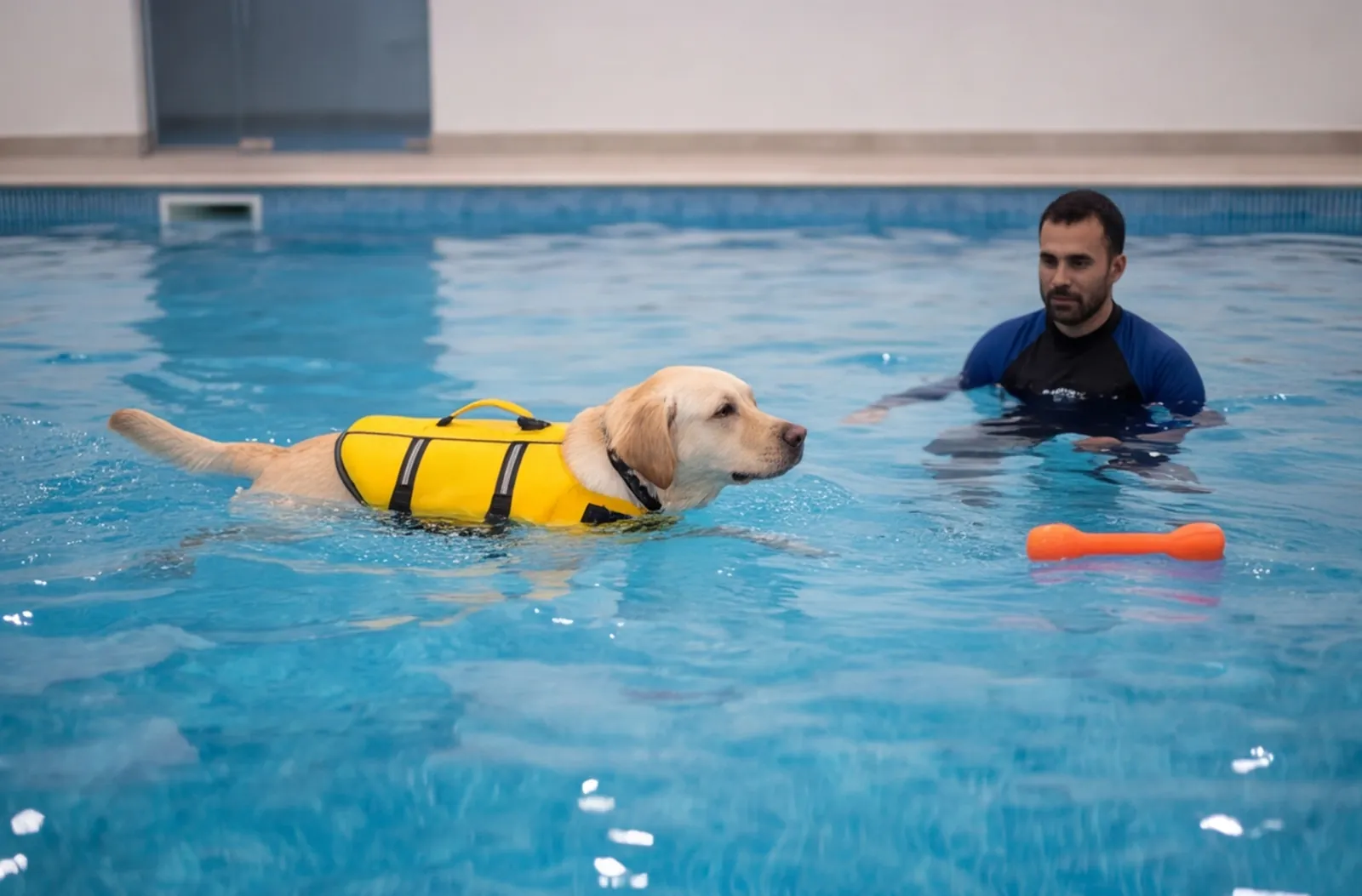 Dog: first water retrieve at Indoor pool, Thane.