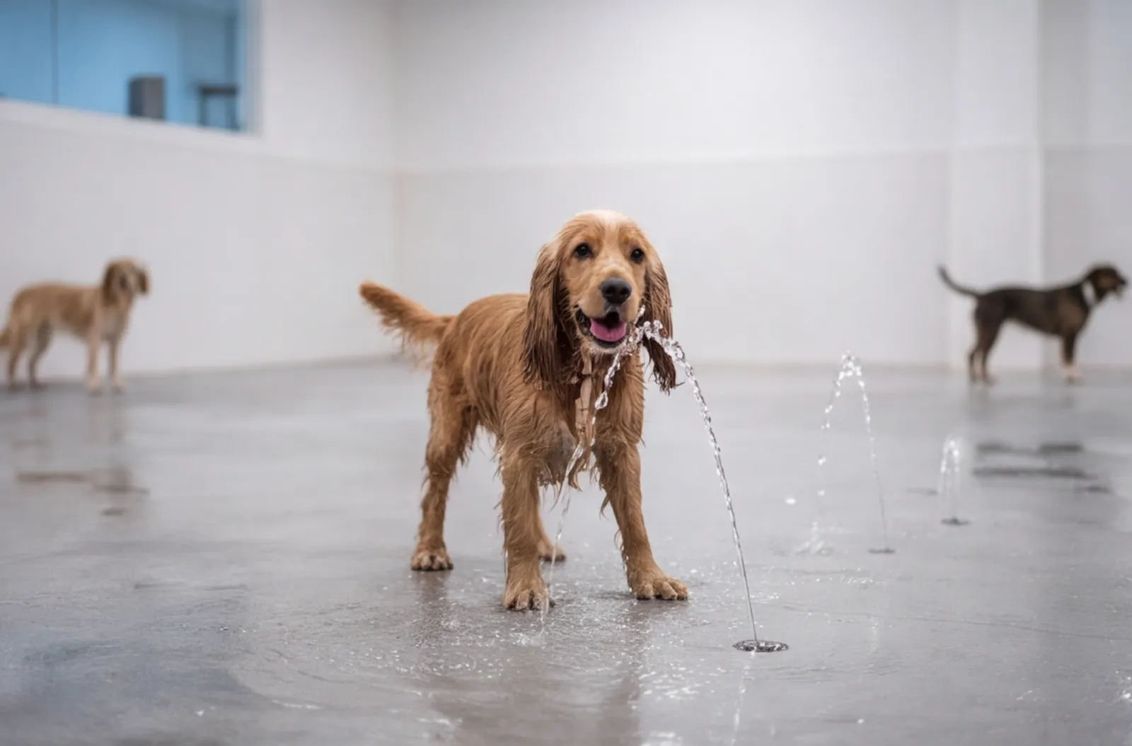 Dog: water-jet play at Indoor splash zone to confirm.