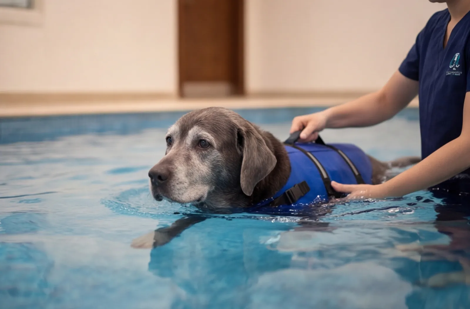 Dog: assisted swim in a buoyancy vest at Hydrotherapy pool to confirm.