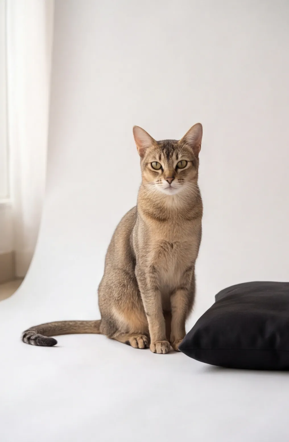 Indian shorthair cat sitting calmly on a white studio sweep in soft window light.