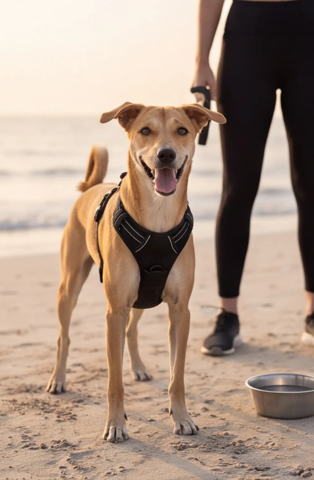 Indian Indie dog in a running harness smiling at a dawn start line on a quiet Dubai beach.