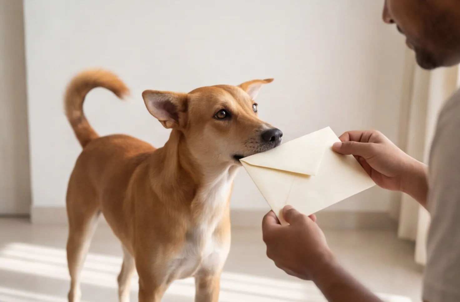 Indie dog sniffing a plain cream envelope held by its owner.