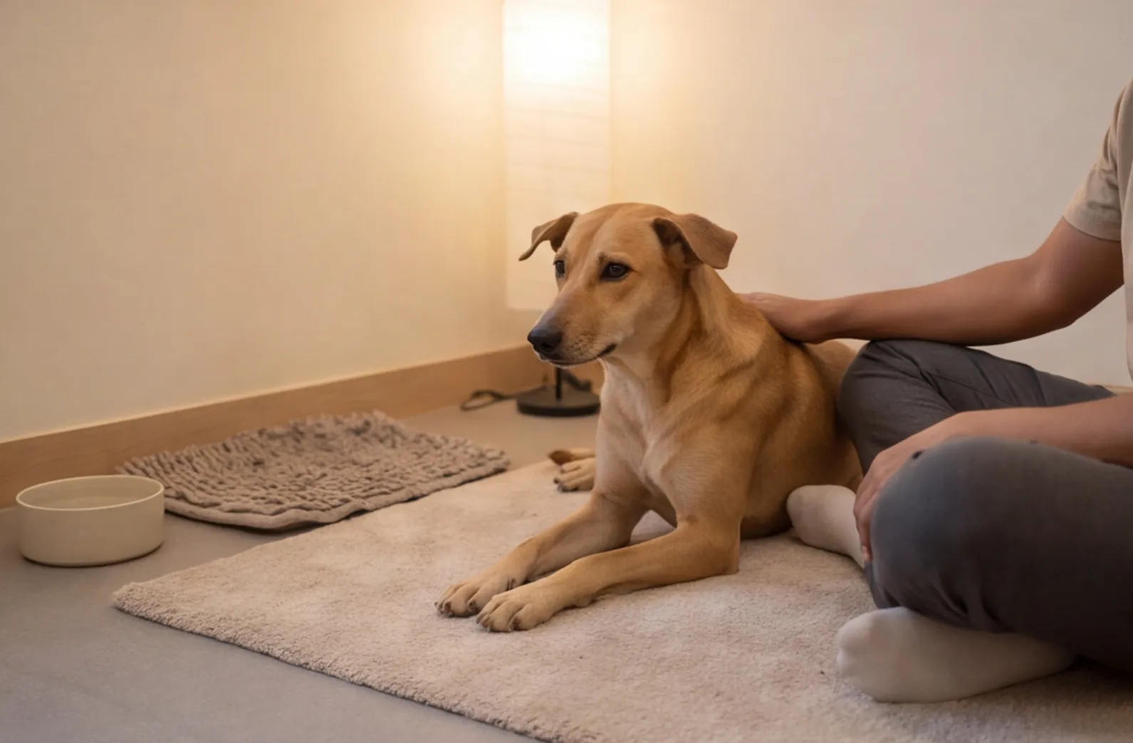 Shy rescue Indie dog settled beside its owner in a small, quiet room.