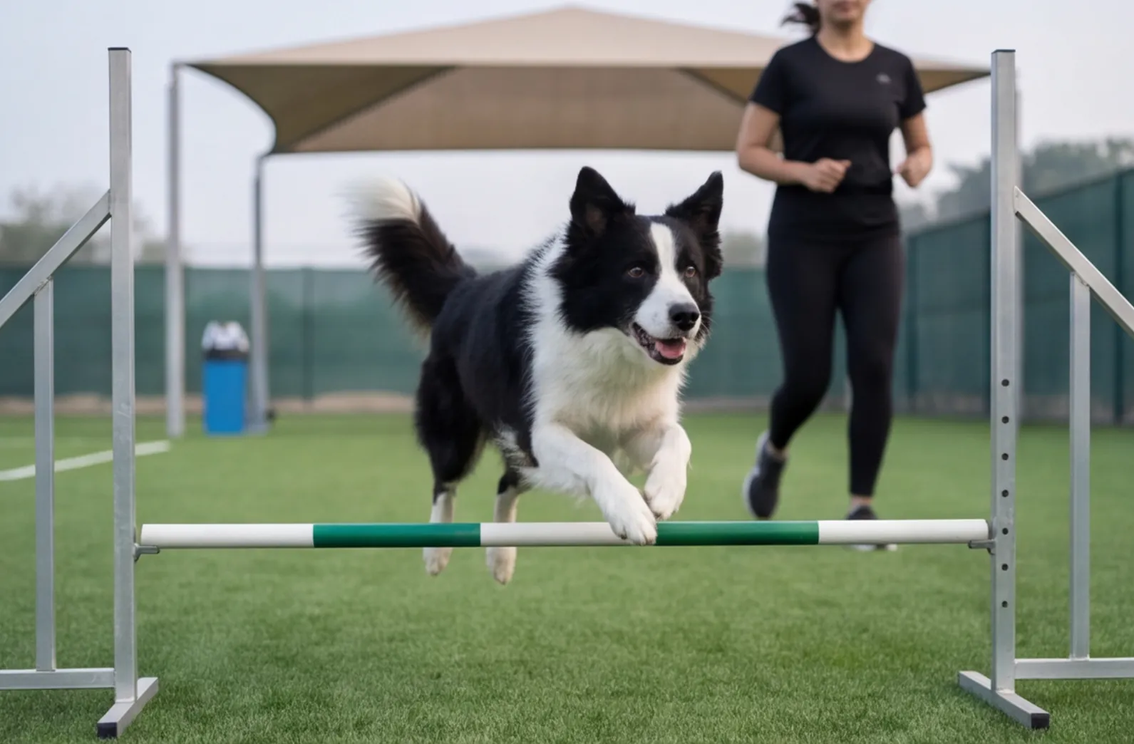 Border collie mid-stride over a low agility jump in cool morning light.