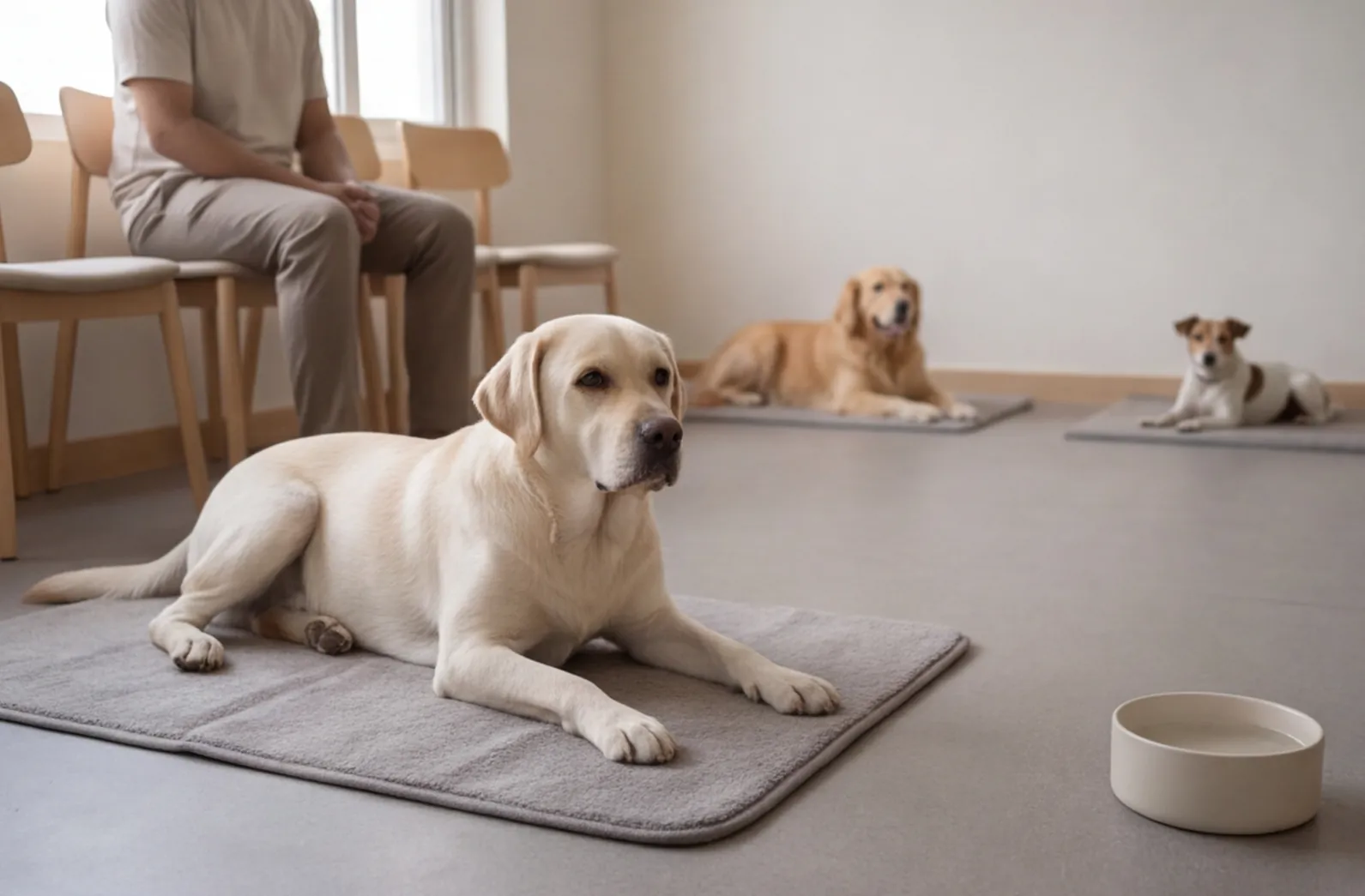 Labrador lying relaxed on a grey mat in a quiet, softly lit lounge.