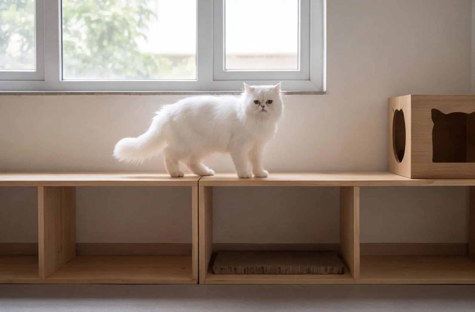 Persian cat exploring a quiet cat lounge with low wooden shelves.