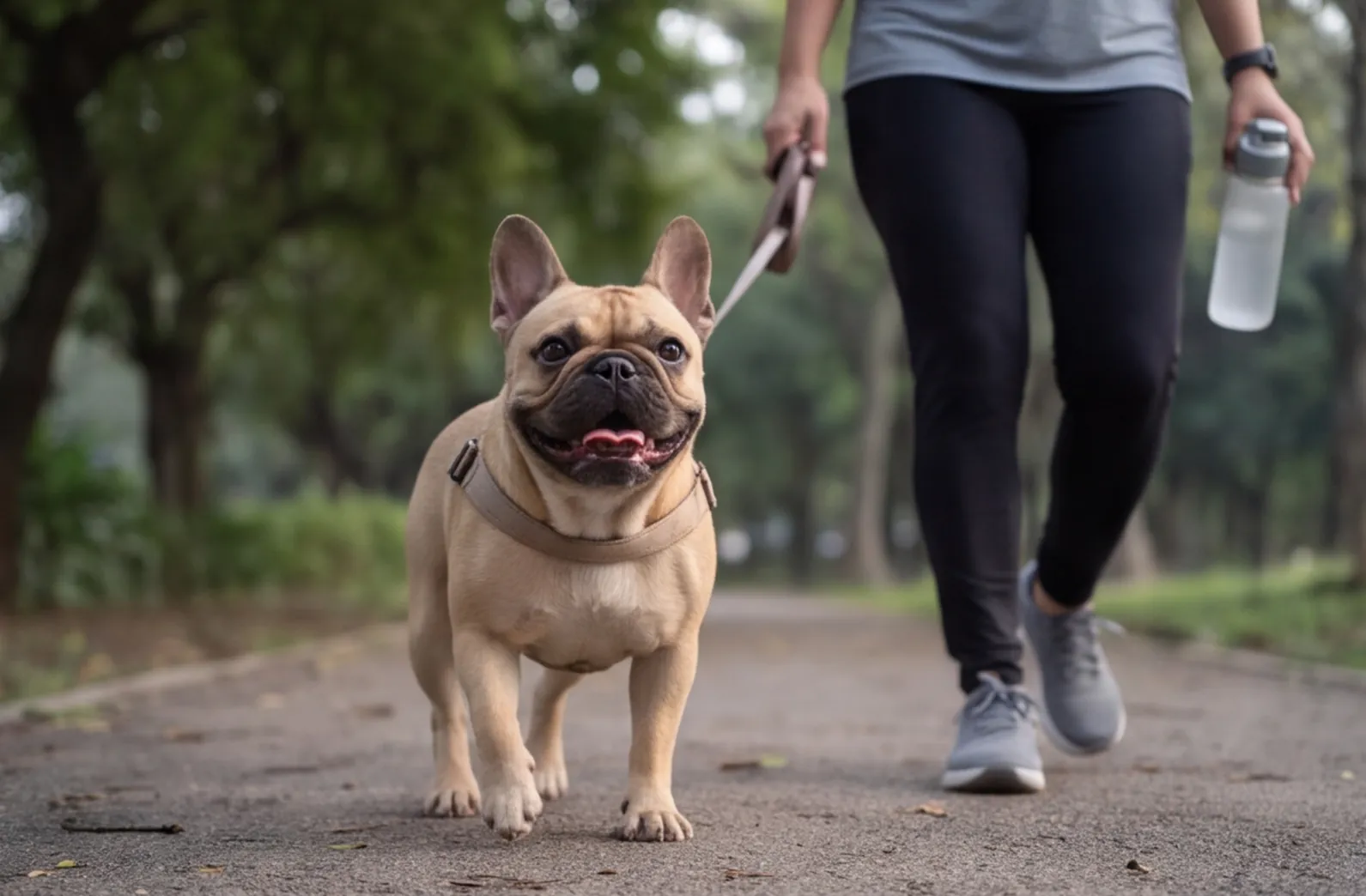 French bulldog on a short, easy stroll in deep morning shade.
