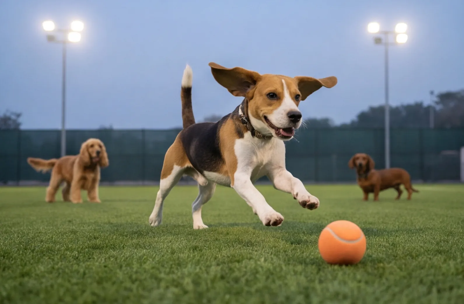Beagle bounding after a soft foam ball on green turf at dusk.