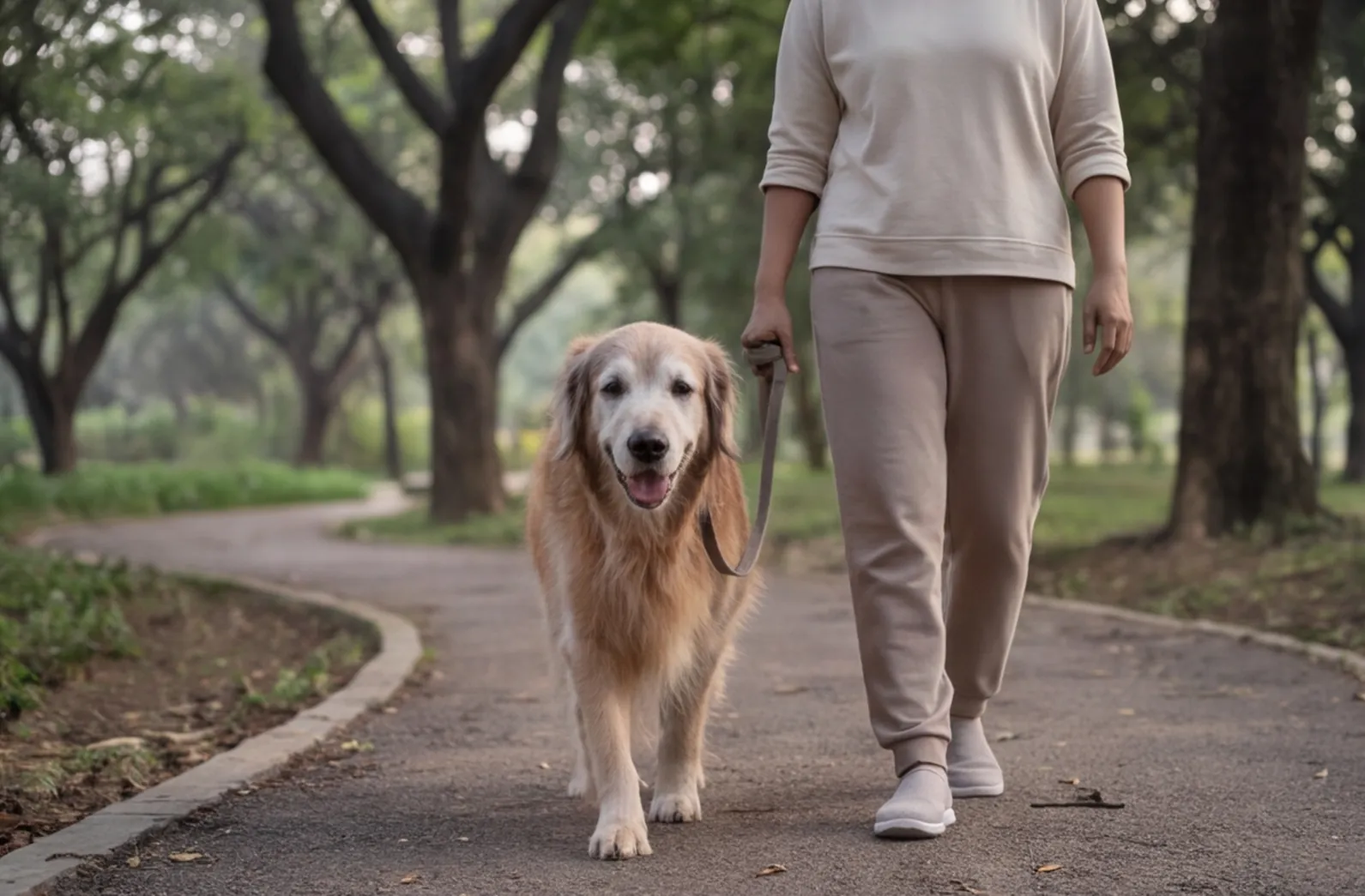 Grey-muzzled golden retriever on a slow stroll along a shaded park path at dawn.