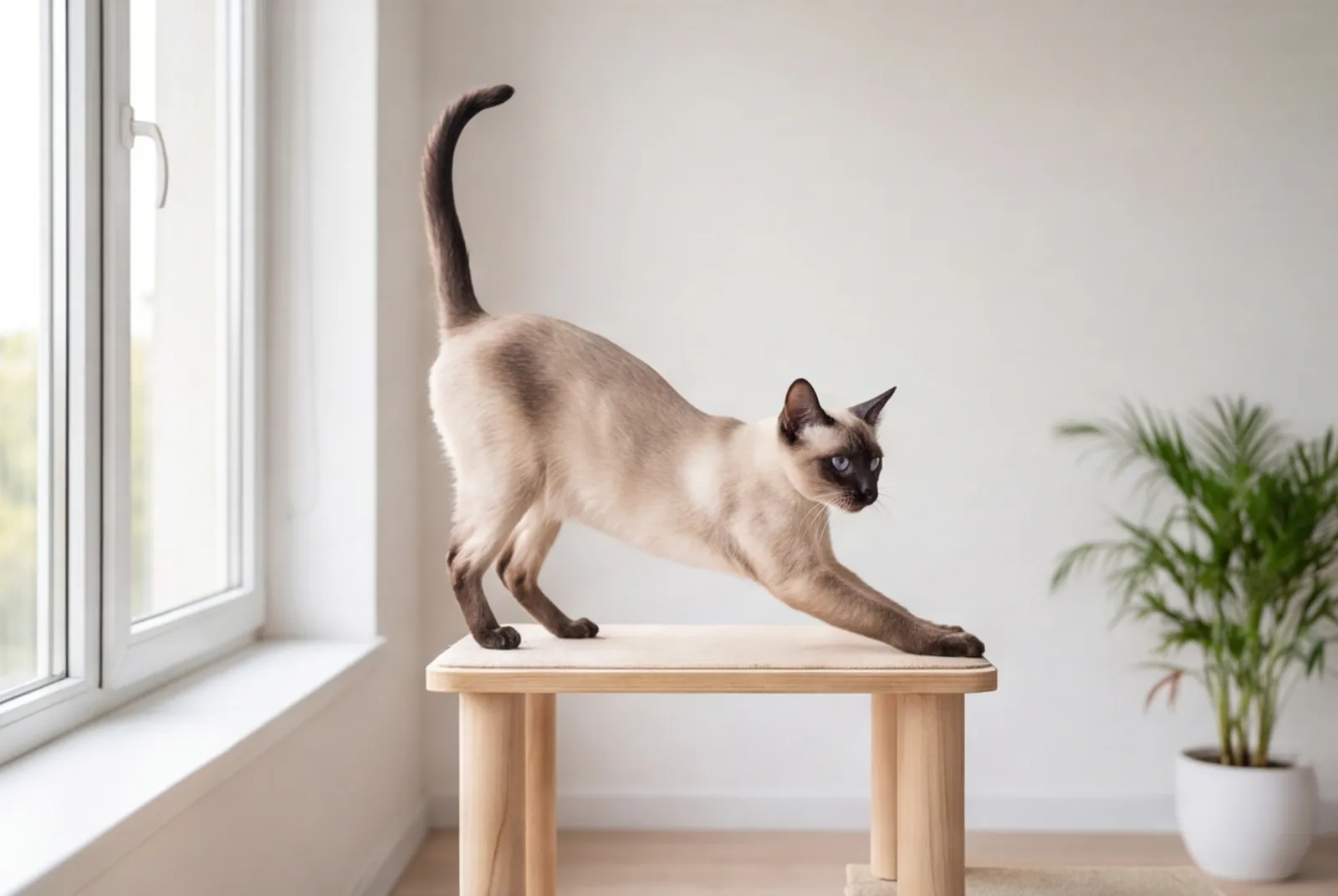 Siamese cat stretching on a low cat tree in a daylight studio.