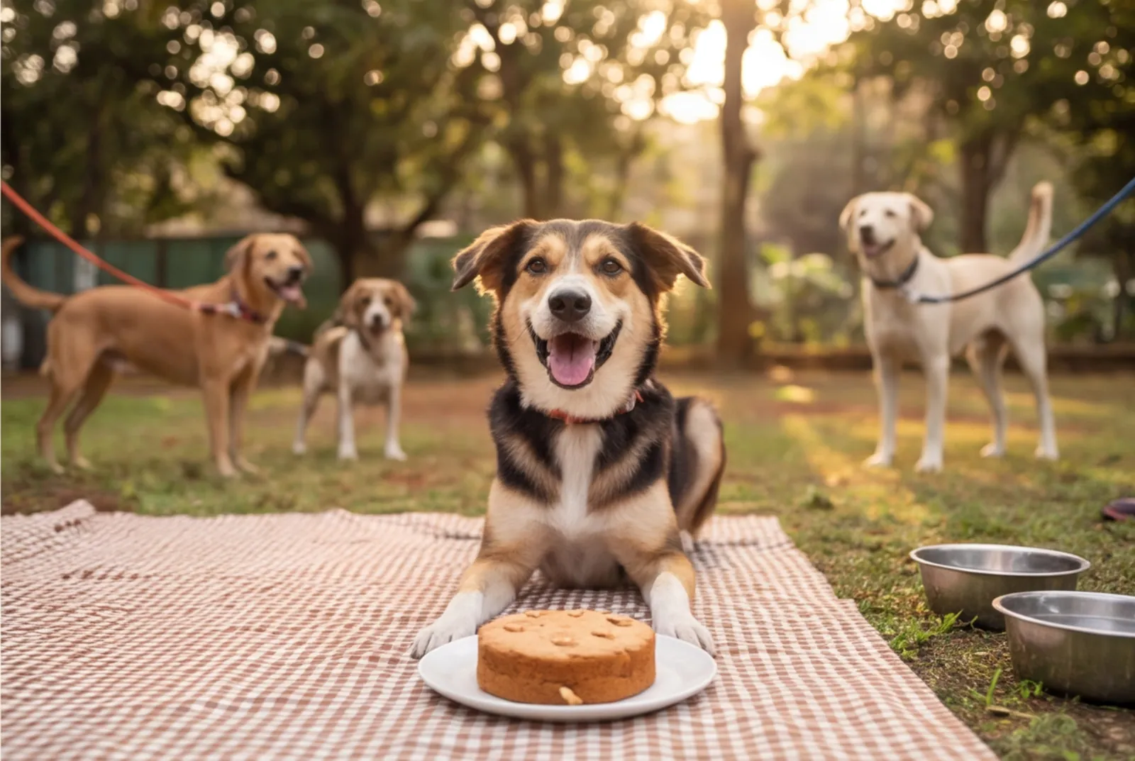 Indie dog with a dog-safe birthday cake on a picnic blanket in a shaded garden.