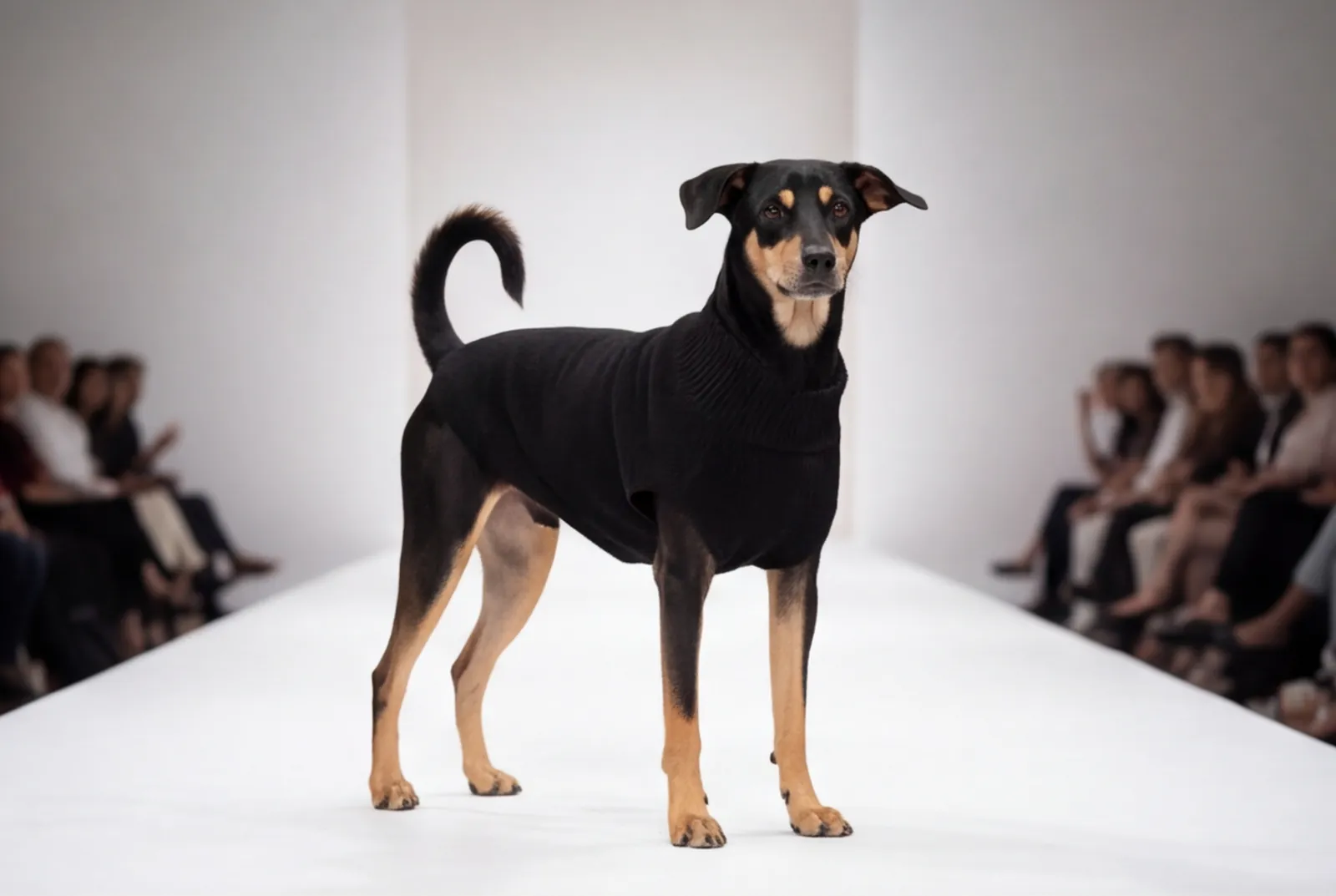 Indie dog in a black knit sweater walking a white studio runway.