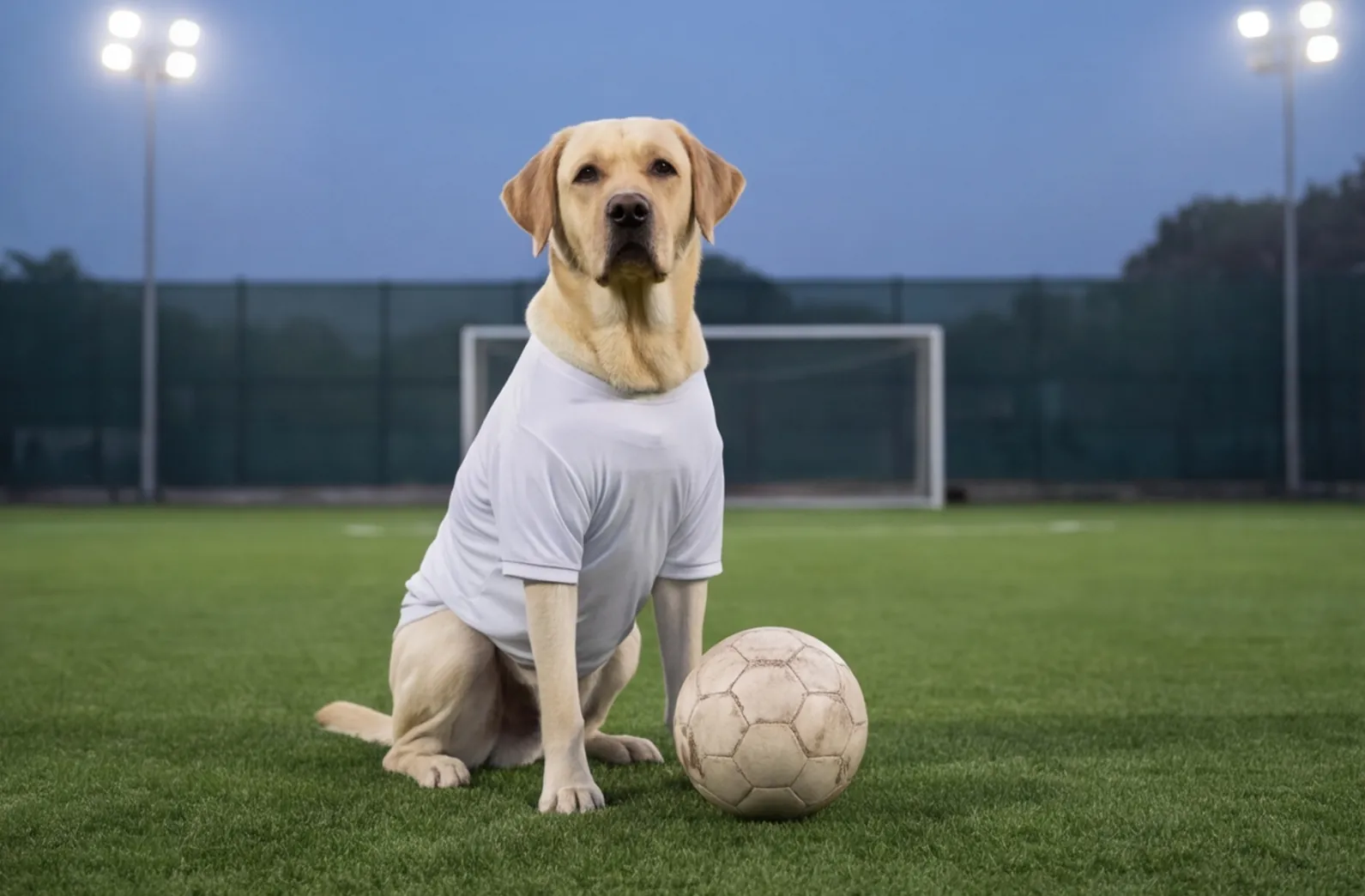 Labrador in a plain white jersey sitting on football turf with a soft ball.