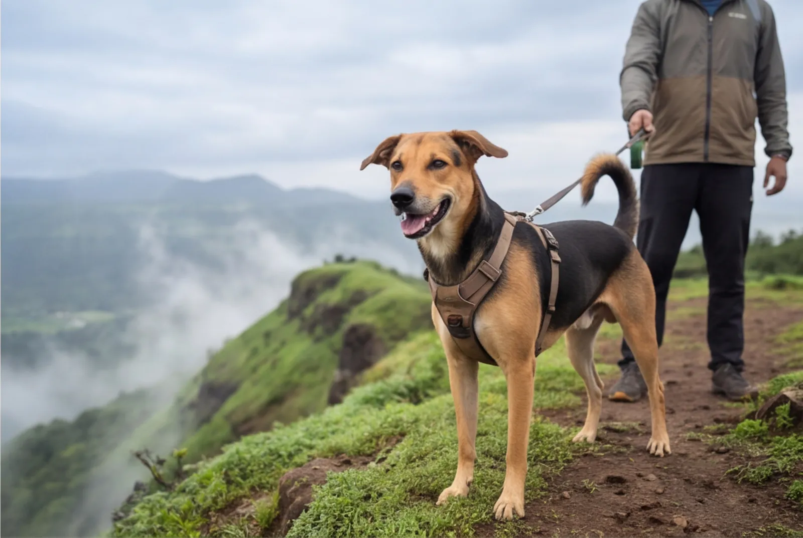 Dog in a trail harness on a green ridge trail after monsoon rain.