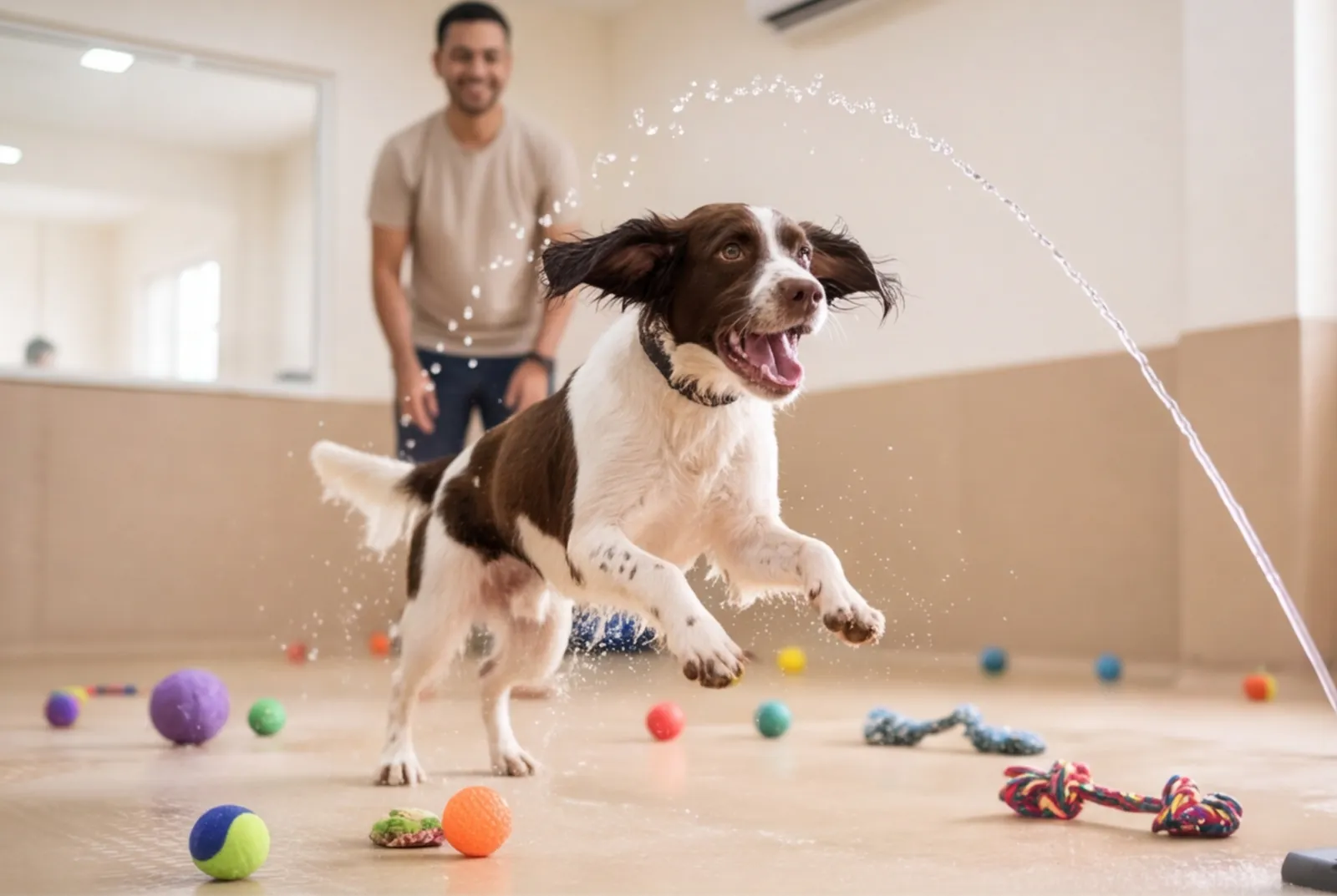 Springer spaniel splashing through a gentle water jet in a bright indoor play hall.
