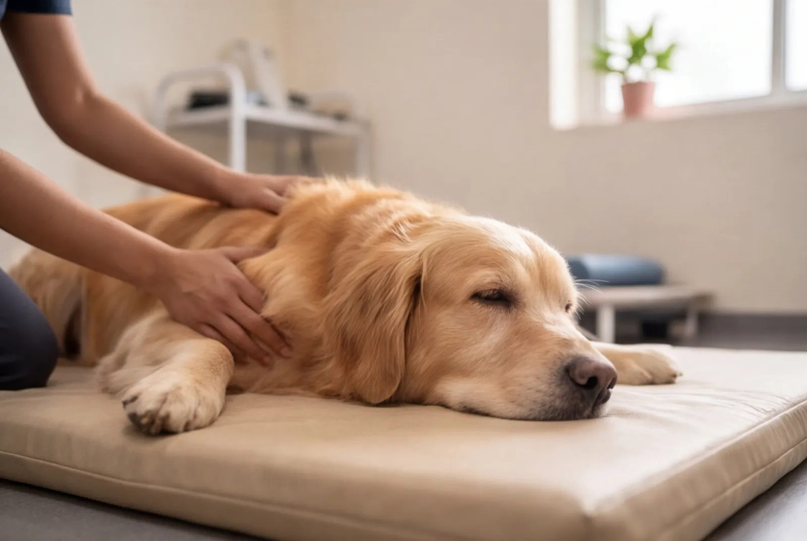 Golden retriever relaxing on a padded mat during a gentle massage from a vet physiotherapist.