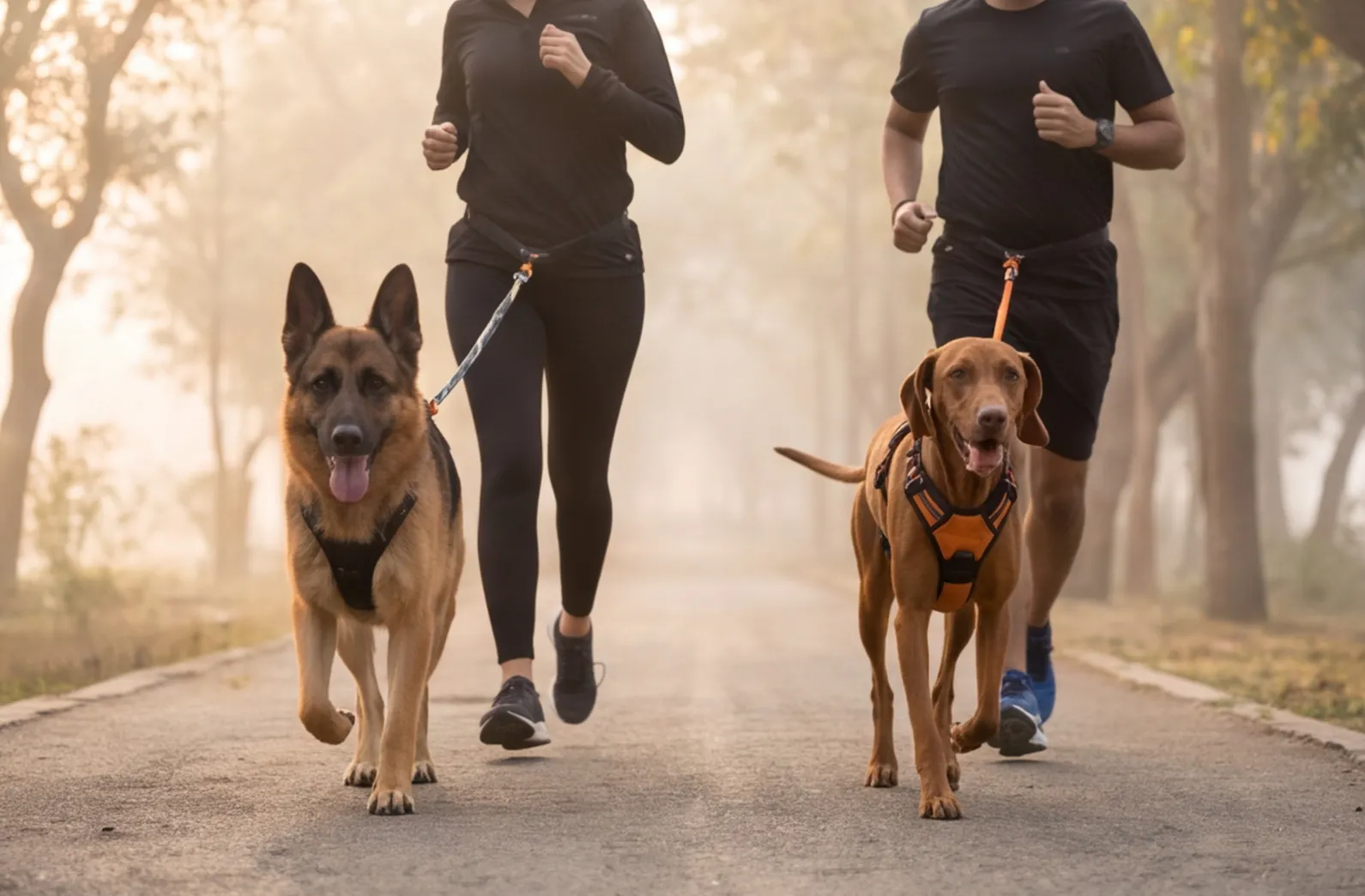 Two dogs in running harnesses trotting beside runners on a misty park path at sunrise.