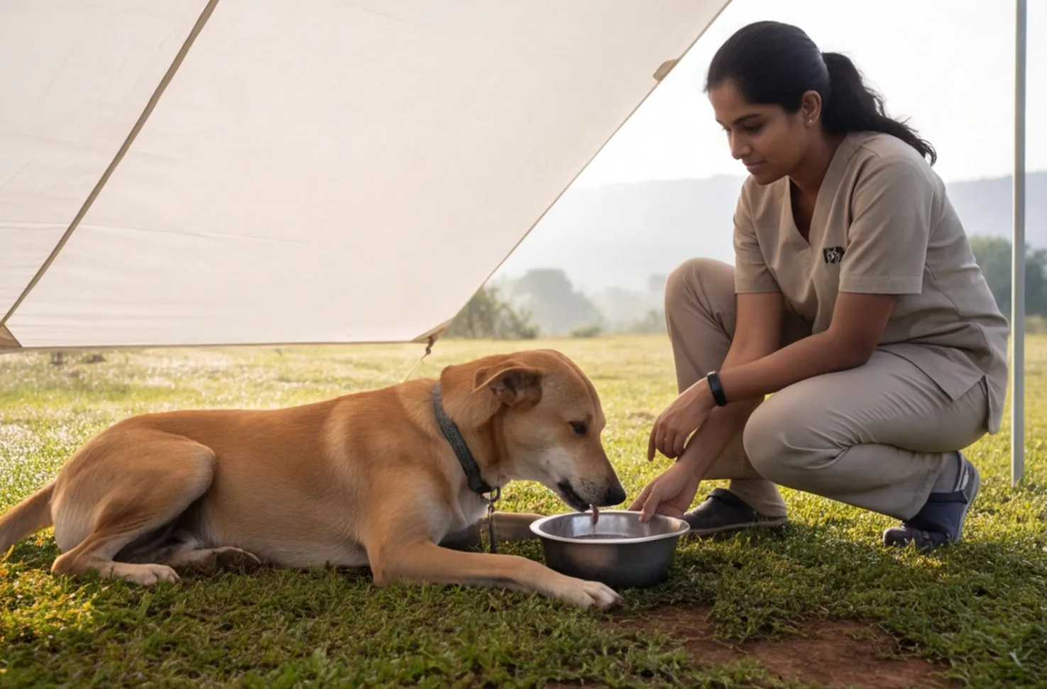 Dog resting in deep shade under a white canopy, drinking water, a vet kneeling nearby.